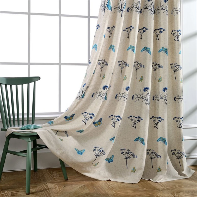 Высококачественная пасторальная хлопковая льняная синяя бабочка с вышивкой