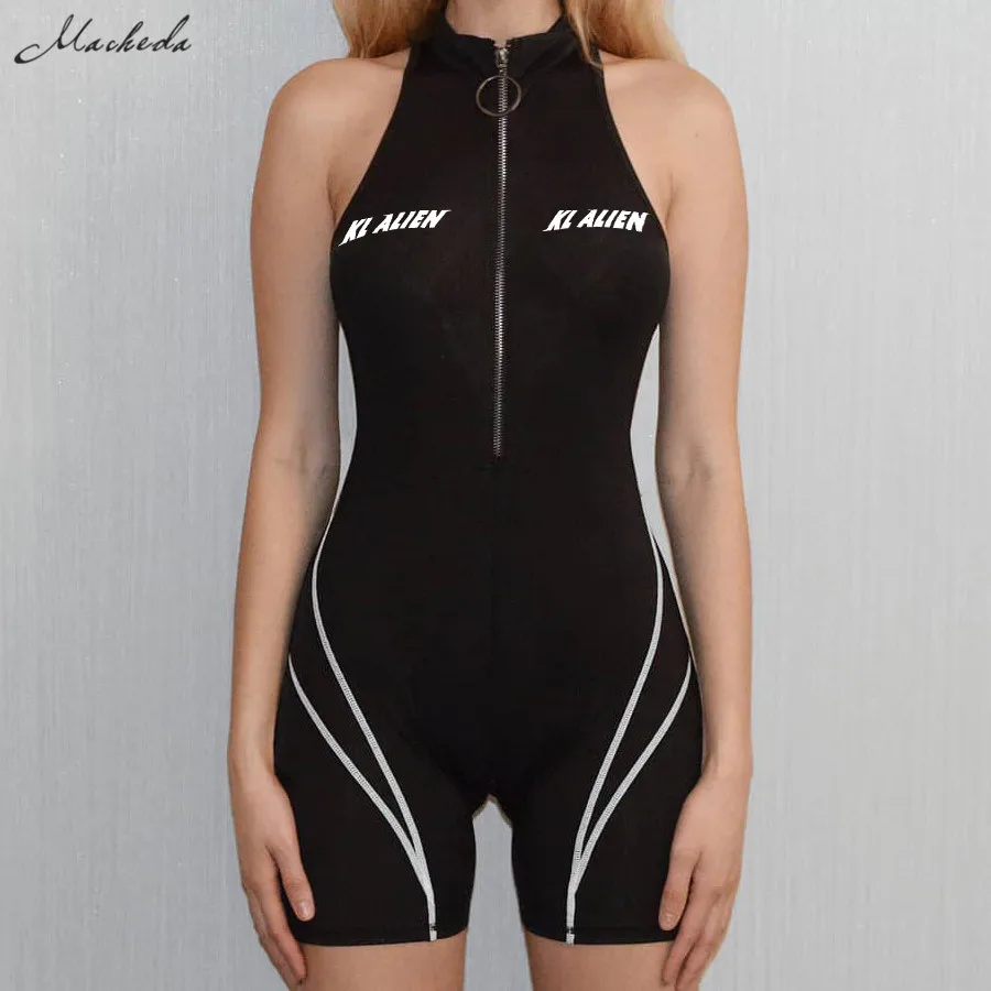 Macheda Женский эластичный боди комбинезон на молнии с надписью полосками| |