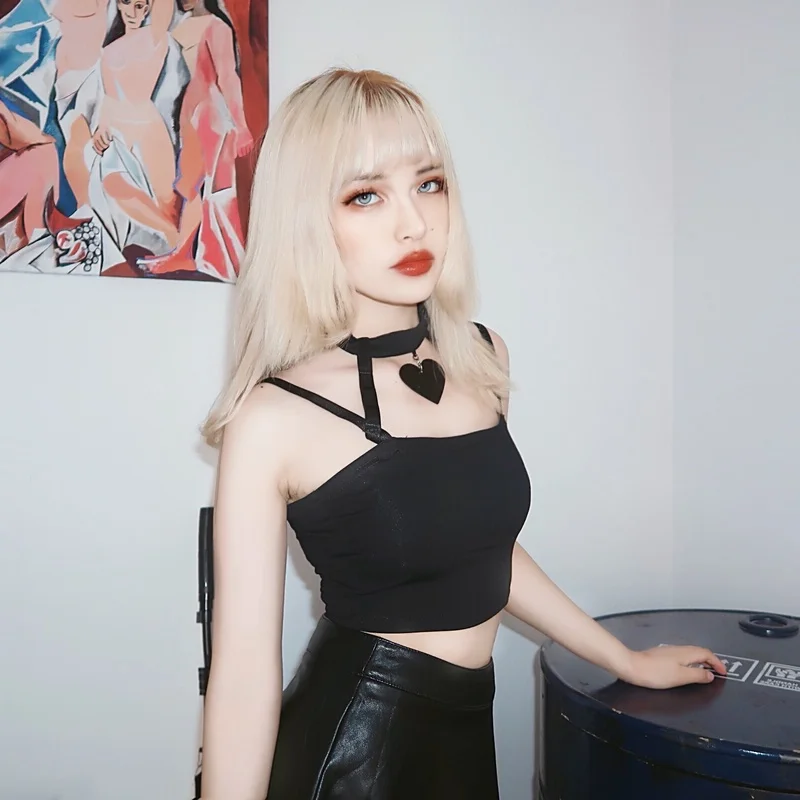 Панк Camis женский короткий топ сексуальный летний два кулон пентаграмма и сердце