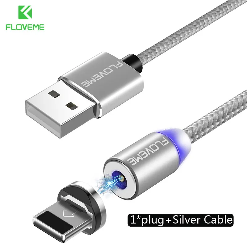 Silver FLOVEME 1 м Магнитный кабель для зарядки, Micro USB кабель для iPhone XR XS Max X магнит зарядное устройство Тип C светодио дный LED зарядки провода шнур магнитная зарядка usb кабель type cзарядка для айфона micro usb - Цвет: Silver