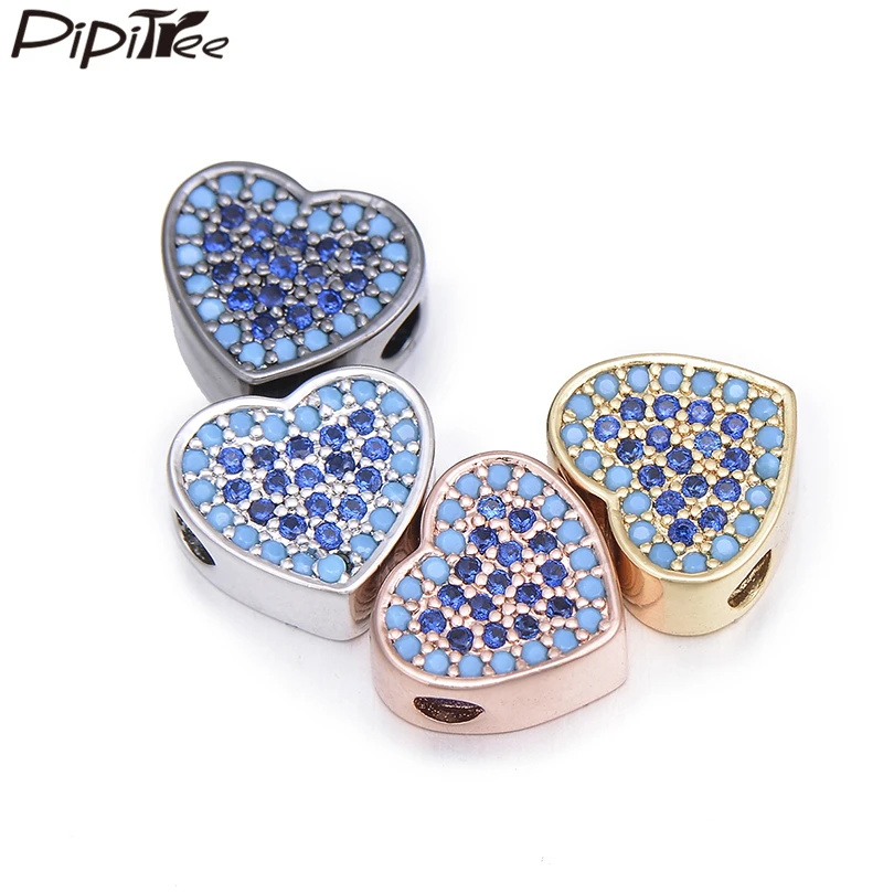 Pipitree 3pcs/lot Fashion Blue Zircon Heart Beads Charms fit Bracelet &amp Necklace Copper DIY CZ Charm Bead Spacers Jewelry Making |