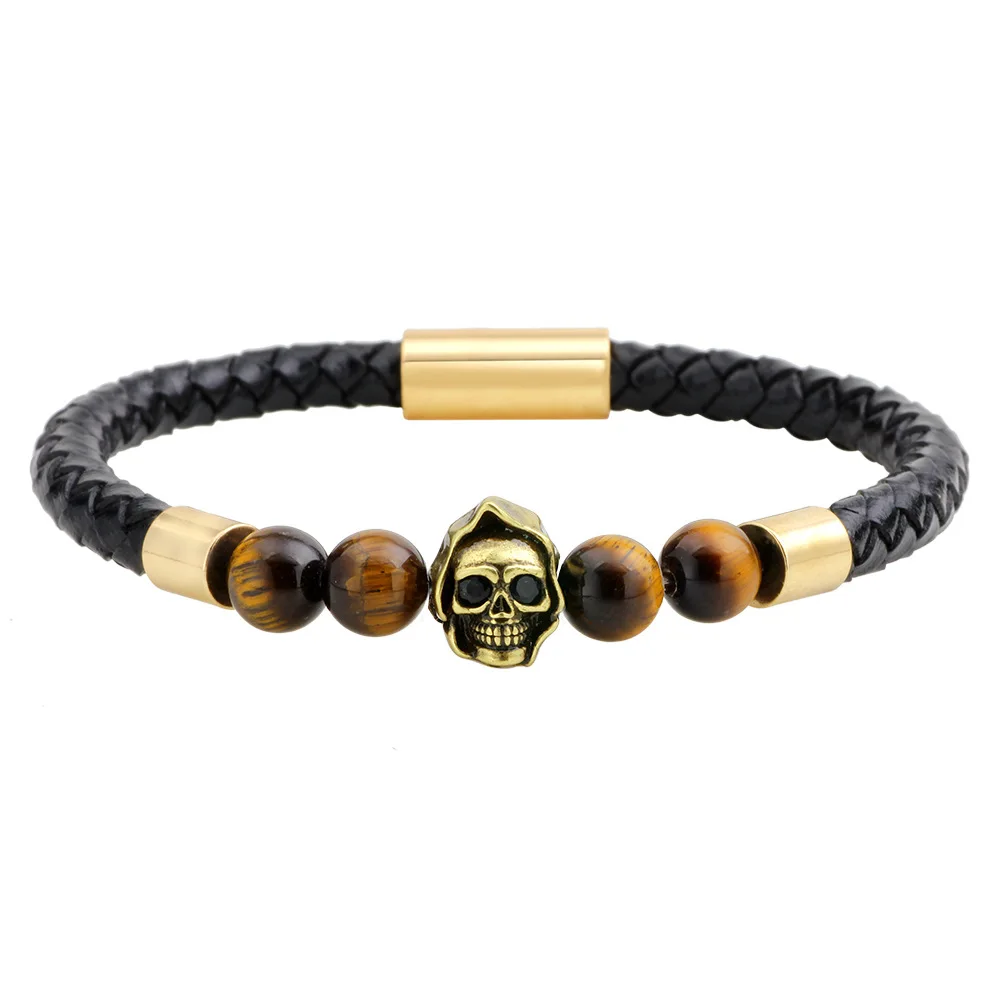 2018 высококачественные мужские браслеты с бусинами чёрные кожаные золотого и