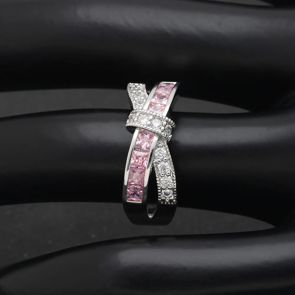 Engagement Ring for Girlfriend Gift Cross Pink Red Birthstone Zircon Princess Women Wedding Purple Blue Silver Color Jewelry | Украшения и