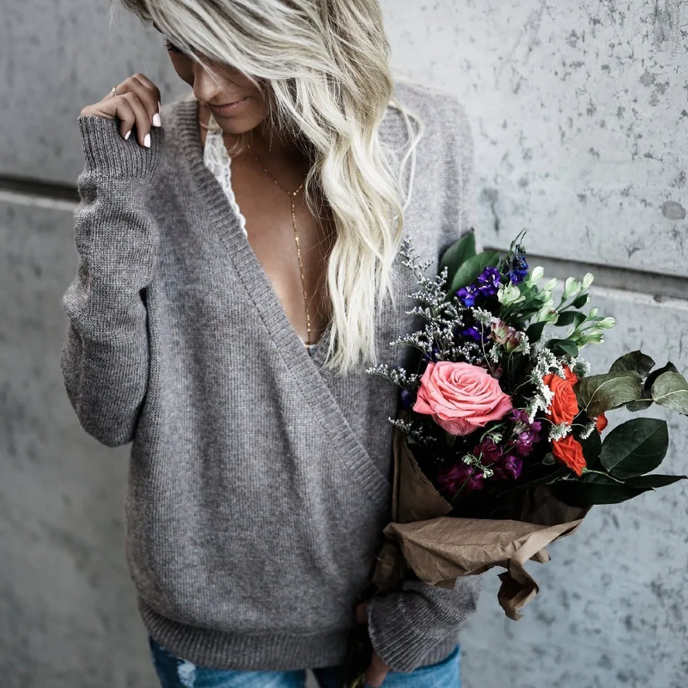 Зимний популярный сексуальный свитер с глубоким v-образным вырезом Женский