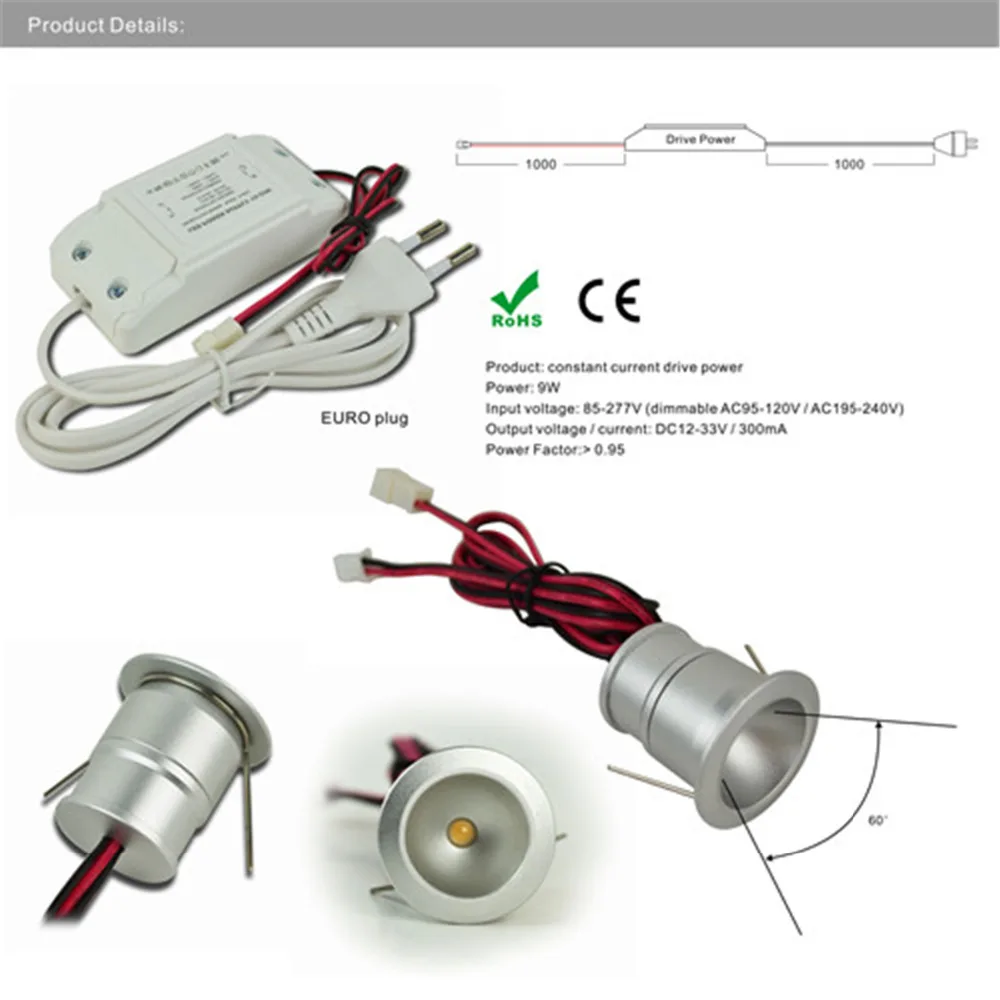 1 Вт LED лампы для кабинета 60D/120D прожектор с фокусным расстоянием 25 мм вырез потолочные светильники с AC85-277V Диммируемый драйвер DIY освещение 9 шт./компл