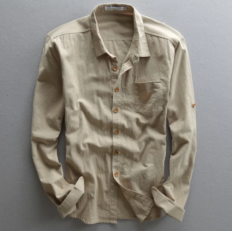 Мужские рубашки льняные с длинными рукавами тонкие повседневные хлопковые для