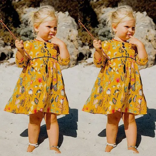 Новое желтое Цветочное платье для маленьких девочек с длинным рукавом и