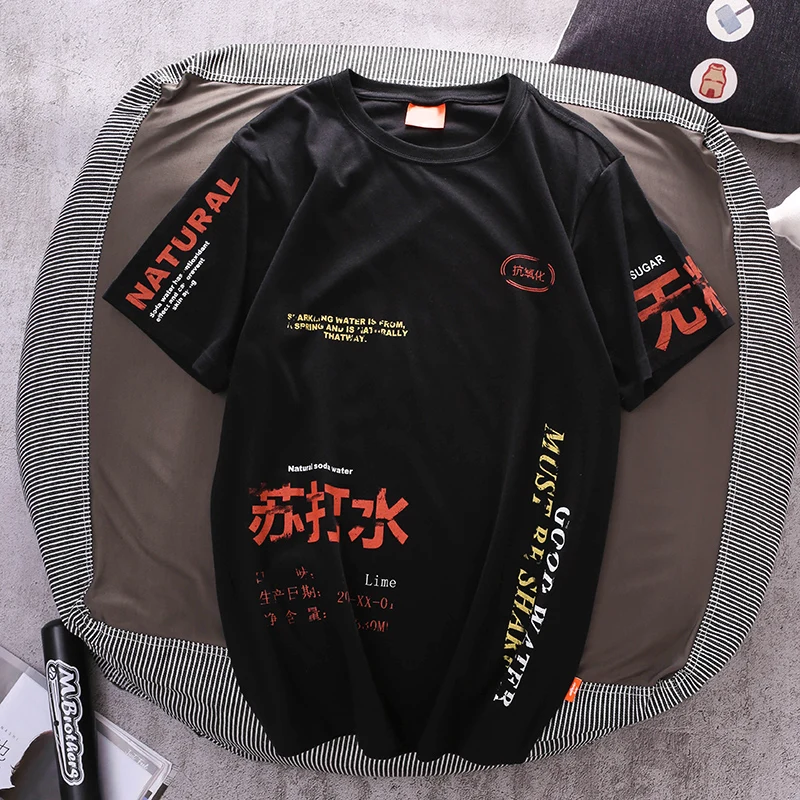 Men T-shirts 2019 Hip Hop Chinese Character Soda Water PrintedCasual Streetwear Short Sleeve T Shirts | Мужская одежда