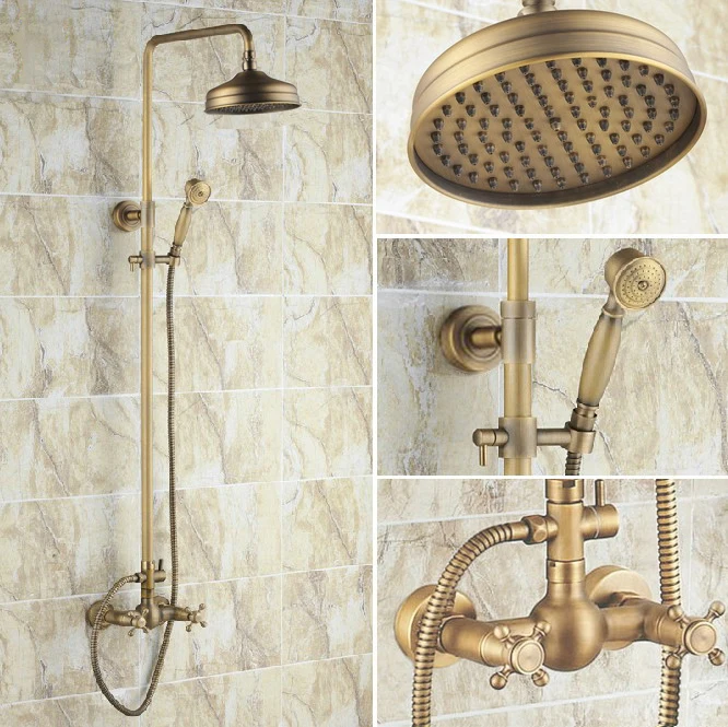 

Antique Brass Two Cross Handles Bathroom Rain Shower Faucet Set Mixer Tap + 8" Round Rain Shower Head + Handshower ars034