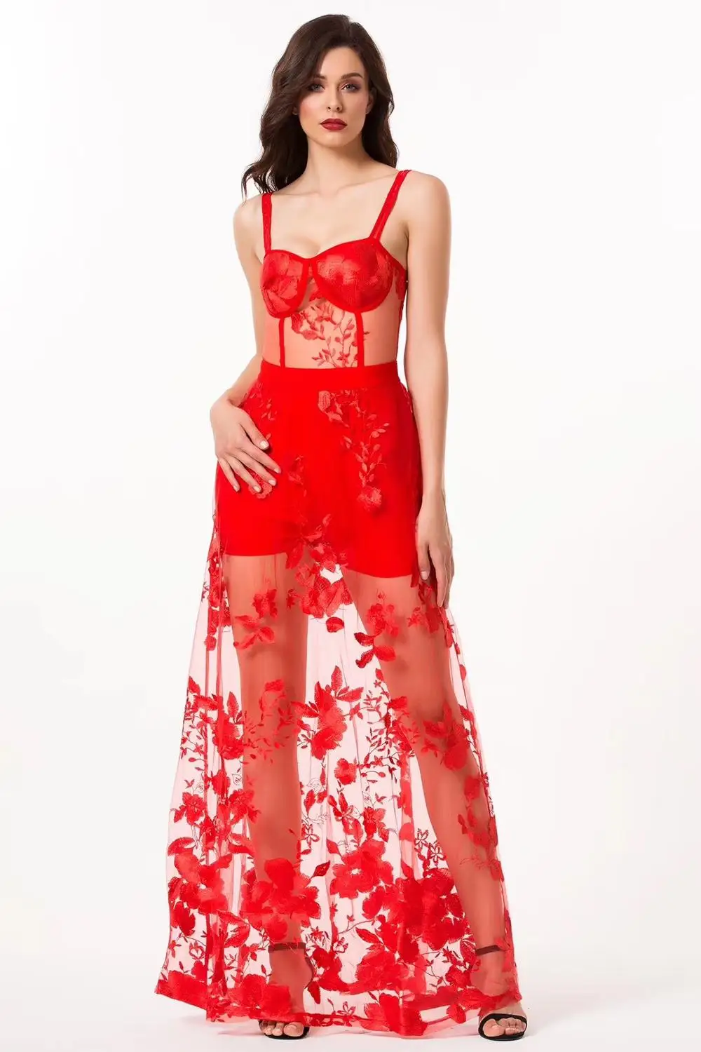 

New Red Color Ladies HL Bandage Dress Sleeveless Sexy Strap Bodycon Floor-Length Dress Engagement Party Dress