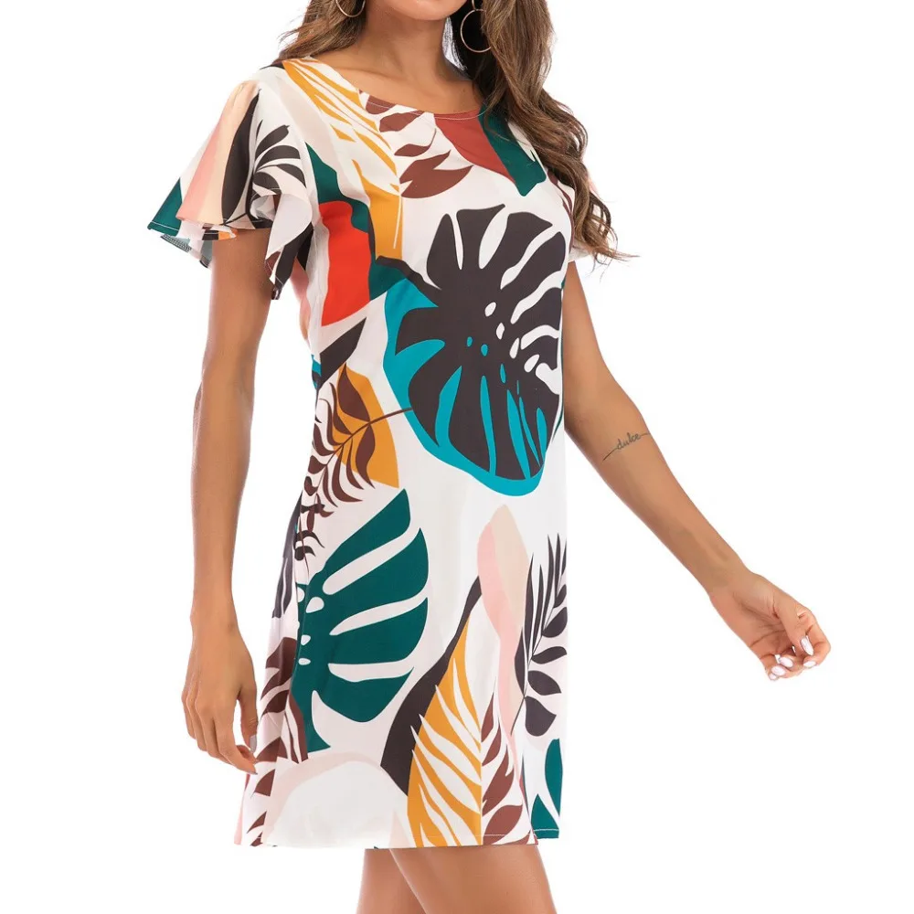 Женское Хлопковое платье с коротким рукавом круглым вырезом и принтом