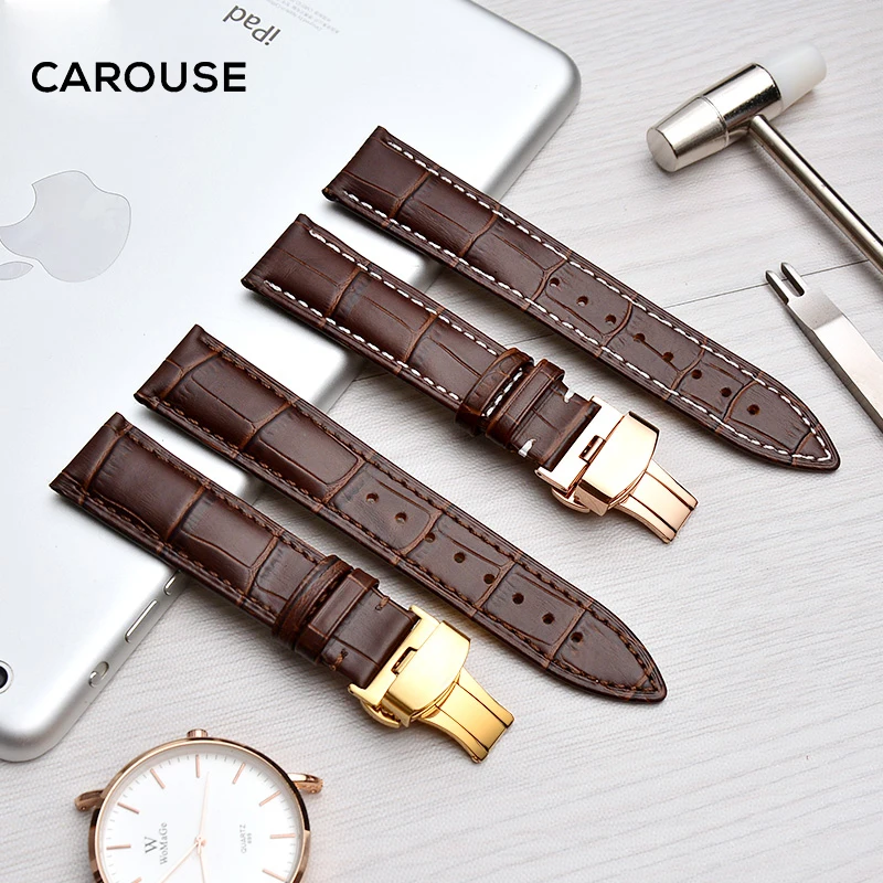 Carouse ремешок для часов 18 мм 19 мм 20 мм 21 мм 22 мм 24 мм Телячья кожа ремешок для часов Бабочка Пряжка ремешок браслет аксессуары браслеты