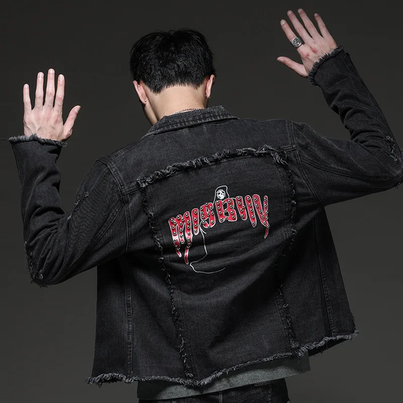 2 цвета Harajuku Винтаж Ruched с бахромой Черный Синий Заклепки череп джинсовая куртка