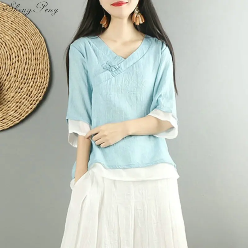 New Traditional Chinese Clothing Womens Tops Blouses Linen Button Shirt Oriental Female Cheongsam Top China Clothing G153
