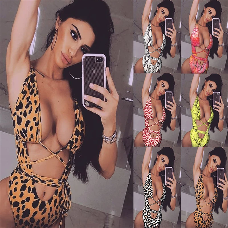 

Sexy One Piece Women Swimsuit Bathing Suit Bandage Leopard Beach Swim Wear Swimwear Swimming Suit For Women Bikini Badpak 2020