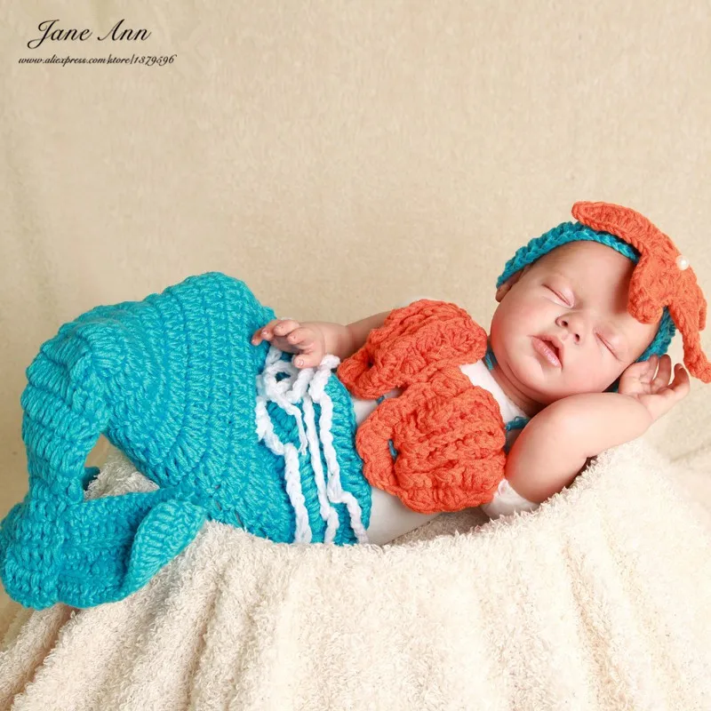 Джейн Z Ann Русалочка baby shower новорожденных реквизит для фотосъемки новорожденных девочек красный синий наряды хлопок пряжа крючком повязка на голову+ бюстгальтер+ хвост подарок - Цвет: Blue 1