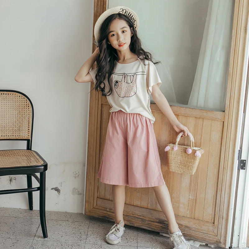 Girls 'Summer Suit 2019 New Fashion Large Children's Short Sleeve T Shirt Pink Wide Legs Pants Two Sets | Детская одежда и