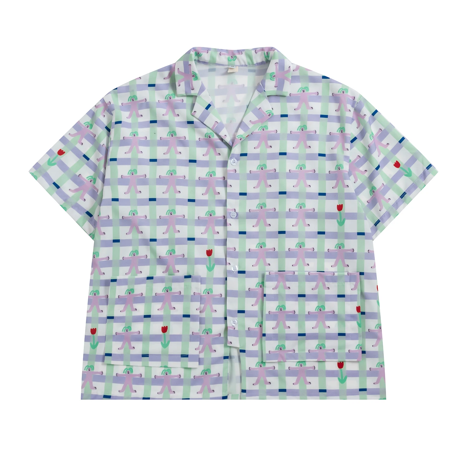Summer New Design Women Chiffon Blouses Peckets Short Sleeve Ladies Purple Plaid Print Cartoon Shirt Tops |