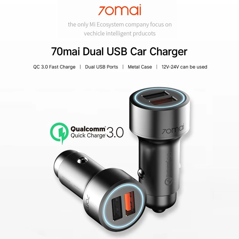 Автомобильная зарядка 70mai QC3.0 быстрая для Xiaomi два порта USB портативные зарядные