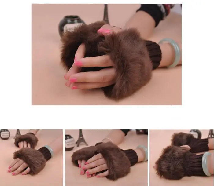 Модные перчатки Guantes в стиле пэчворк, женские шерстяные перчатки, вязаные перчатки из искусственного кроличьего меха, милые женские варежки на полпальца, клетчатые перчатки Luvas G015