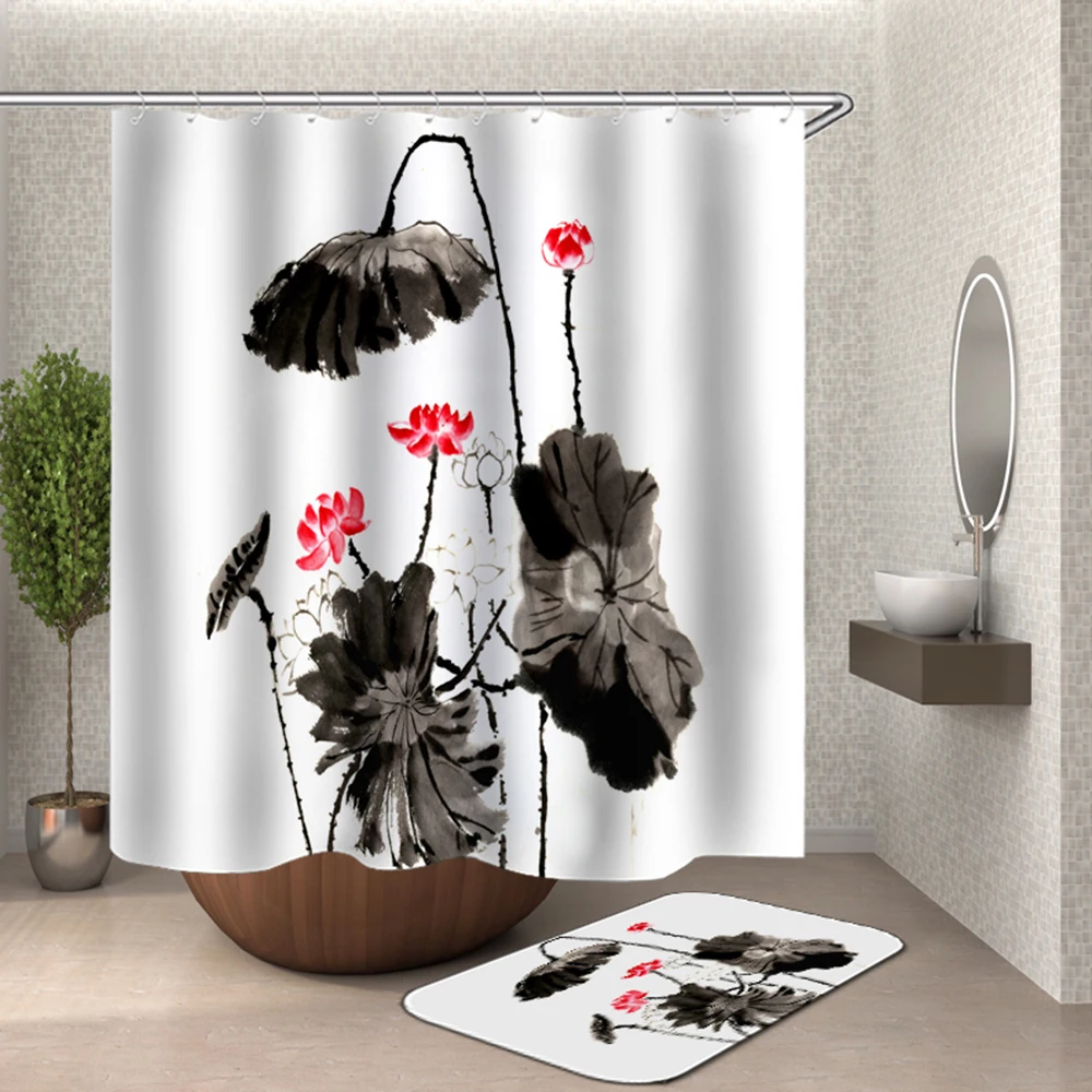 

Black And White Ink Painting Shower Curtain Chinese Style Lotus Cortinas De Bano Round Frame Bathroom Curtain Waterproof Fabric