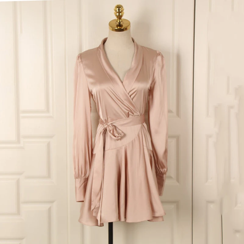 Elegant Silk Satin Dress Women Sexy V Neck Lantern Sleeve Ruffle Sash Mini Wrap Dress Ladies A Line Long Sleeve Dress Vestido