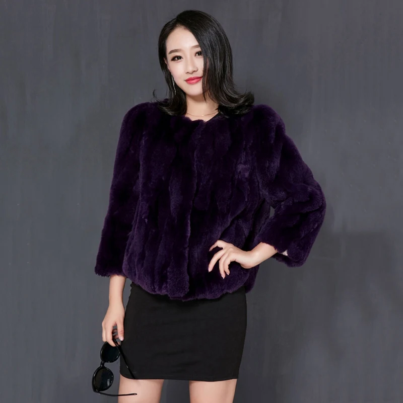 purple Пальто из натурального меха кролика размера плюс, женские теплые зимние меховые куртки, модная Осенняя мягкая верхняя одежда из натурального меха кролика рекс - Цвет: purple