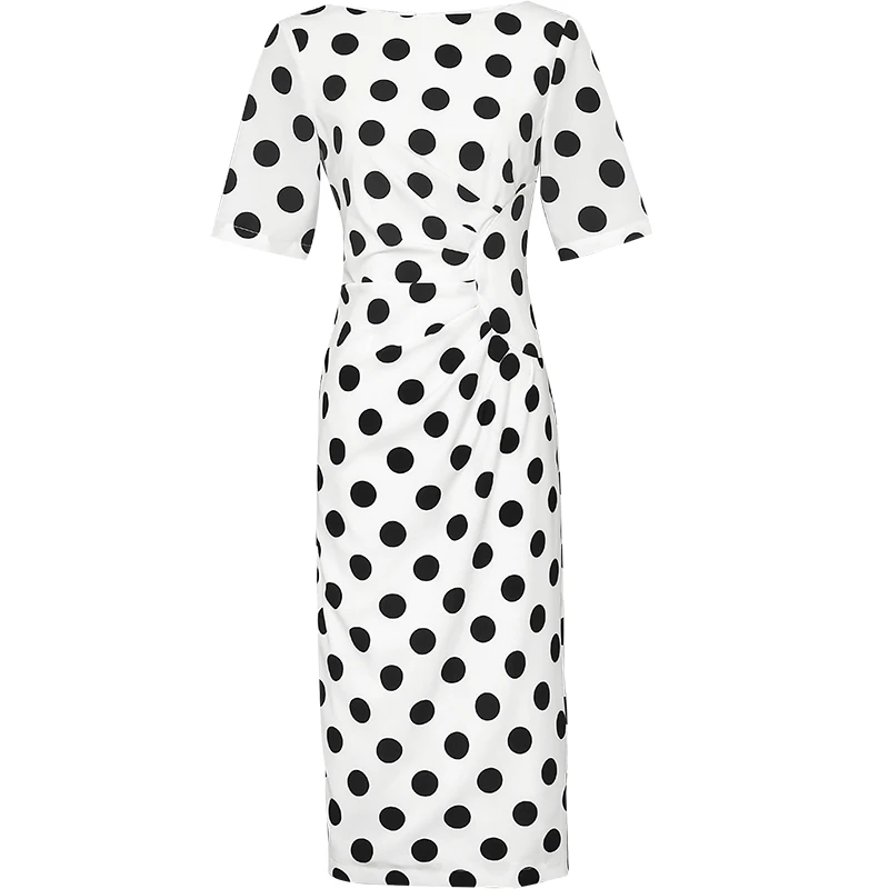 Женское летнее платье элегантное в горошек с высокой талией большие размеры 2019 |