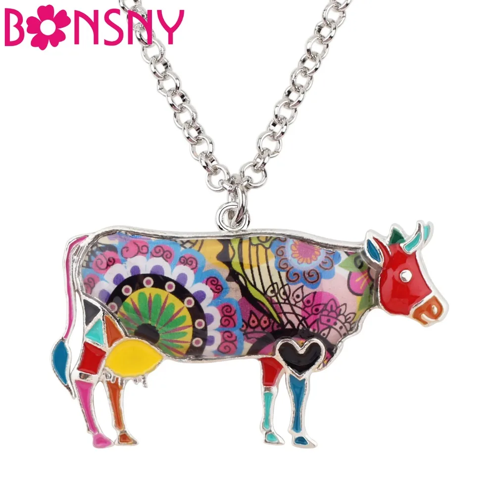 

Bonsny Alloy Enamel Floral Bull Cattle Cow Necklace Chain Pendant For Women Girls Lady Farm Animal Jewelry Wholesale Decoration