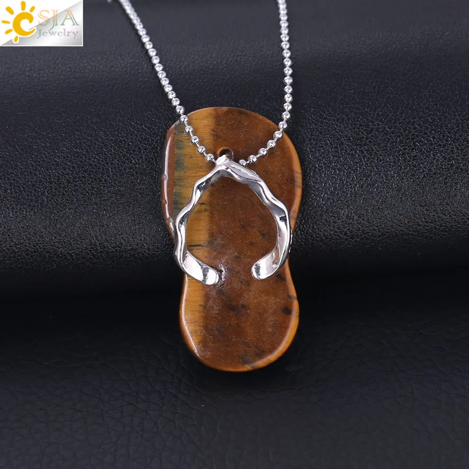 Tiger Eye Csja натуральный камень ожерелье Симпатичные тапочки обувь Подвеска Рэйки Фиолетовый Кристалл для женщин Красочные летние пляжные очаровательные ювелирные изделия F325 - Окраска металла: Tiger Eye