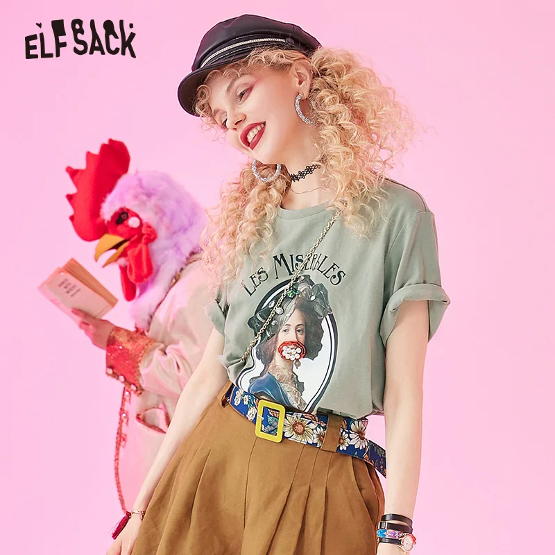 Женская хлопчатобумажная футболка ELF SACK цвет хаки свободная повседневная с