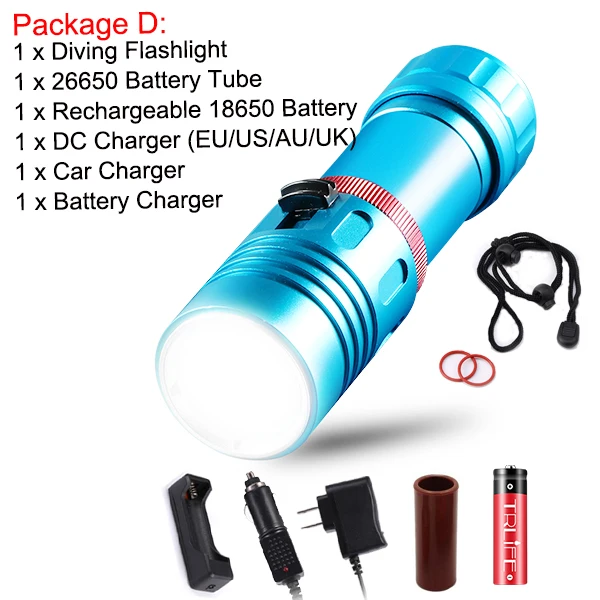 Package D Подводный фонарь L2 для дайвинга, профессиональный фонарь, 200 м, для подводного плавания, Диви, кемпинга, бесступенчатая, с затемнением, 18650 или 26650 - Испускаемый цвет: Package D