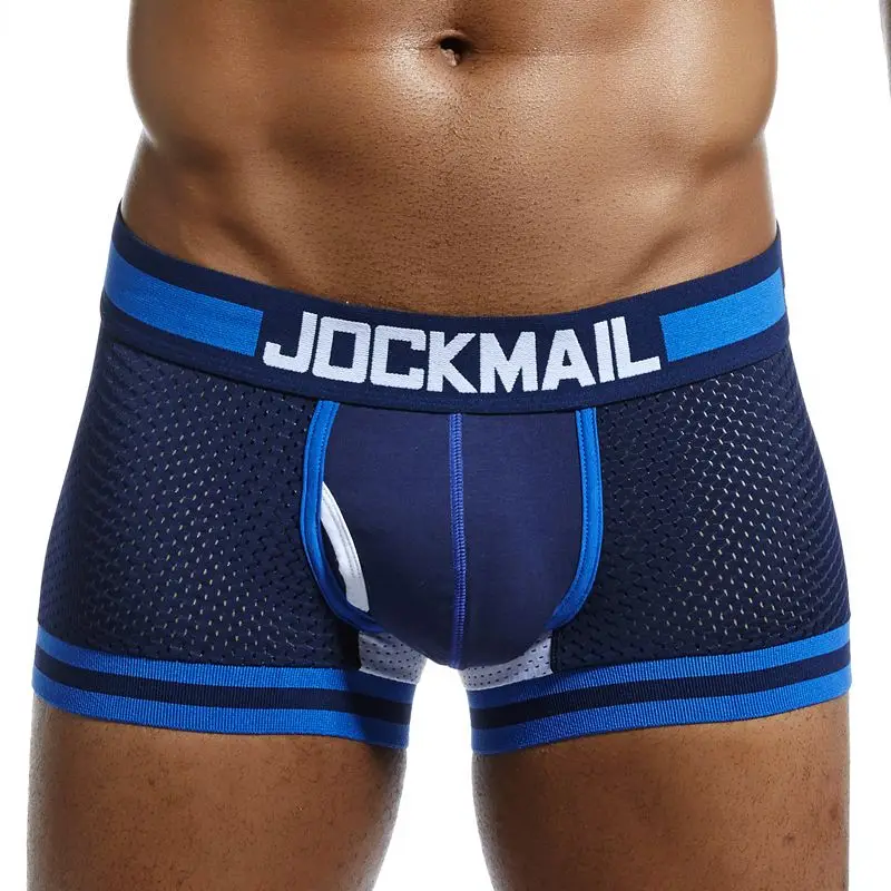 JOCKMAIL, фирменное мужское Сетчатое нижнее белье, боксеры, calzoncillos hombre, гей, одежда для сна, Cueca, боксеры, дышащие, промежность, хлопковые трусы, шорты - Цвет: Navy Blue