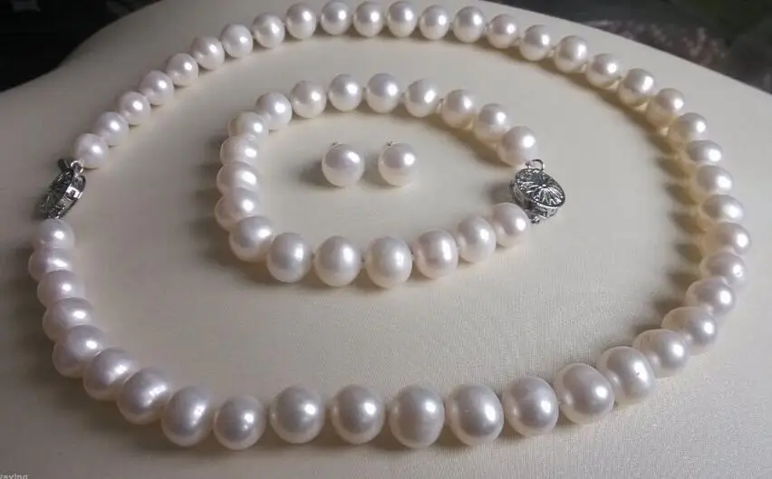 

charming 9-10 MM White natural Pearl Necklace Bracelet Earrings Set