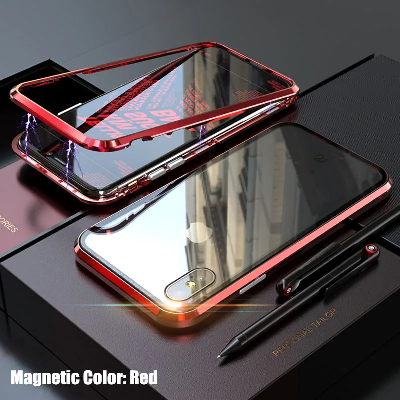 Магнитное закаленное стекло чехол для iPhone X 7 8 Plus 360 Полный Край Защитный металлический бампер+ прозрачная стеклянная задняя крышка чехол