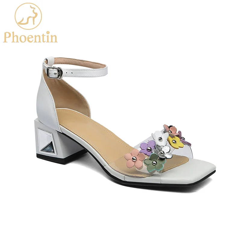 Phoentin transparent pvc sandals flower ankle buckle woman genuine leather square toe med heels white ladies shoes FT654 | Обувь