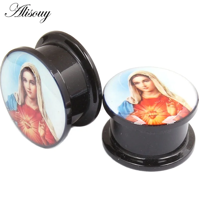 EM0470 Virgin Mary Новинка, 2 шт., акриловый цветочный винт, одиночный, расклешенный, для уха, телесный, полый, туннельный штекер, 4 мм-25 мм, ушные датчики, расширитель, носилки, пирсинг, ювелирные изделия - Окраска металла: EM0470 Virgin Mary