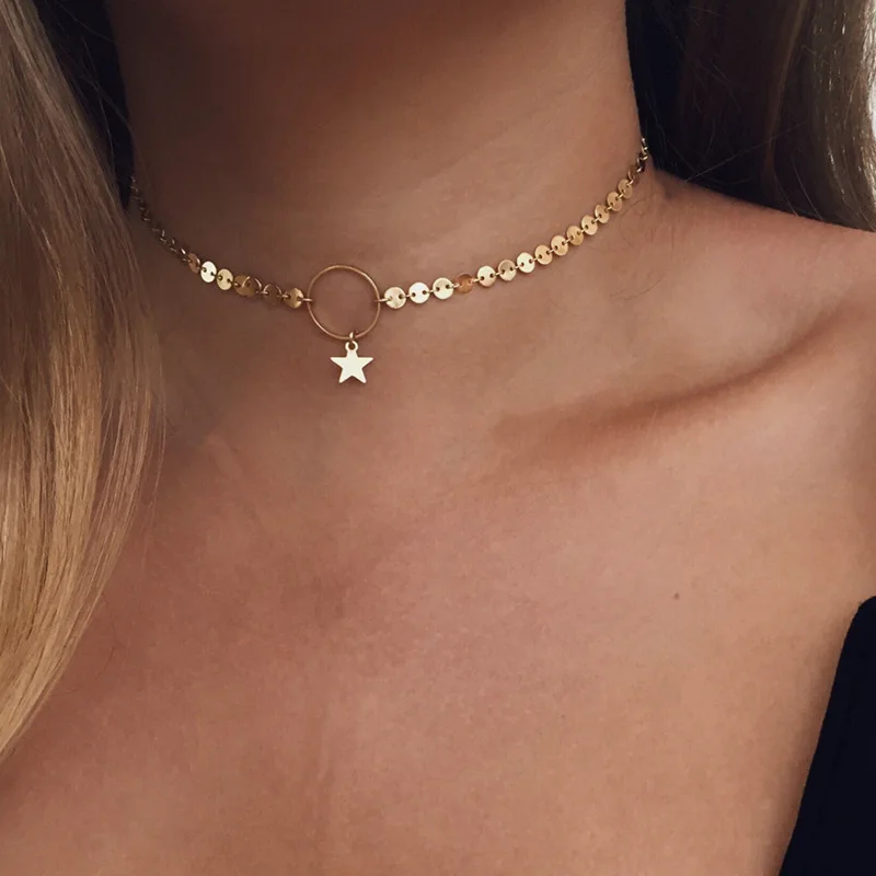 Golden Moon Star Choker Chain Necklace Women Simple Circle Sequins Clavicle Statement Necklace Jewelry