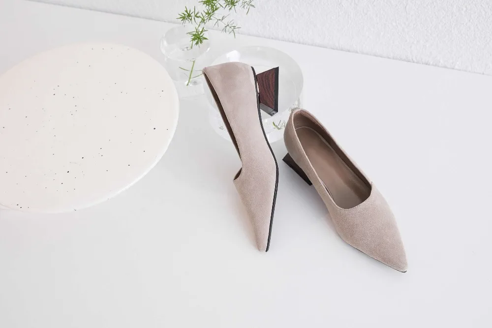 Krazing Pot European popular concise pumps genuine leather block low heels slip on solid vintage pointed toe clubwear shoes L25