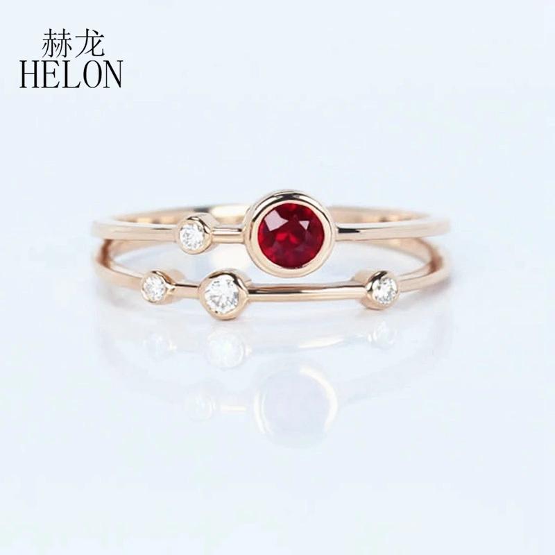 HELON Solid 14K(AU585) розовое золото Сертифицированный круглый 0.276ct с натуральным красным Рубином& Алмазы обручальные кольца женские модные ювелирные изделия