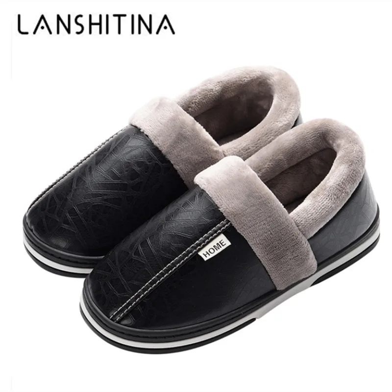 

2020 Winter House Slippers Men Leather Plush Male Shoes Waterproof Anti Dirty Warm Fur Slippers Non-slip Cotton Man Indoor Shoes