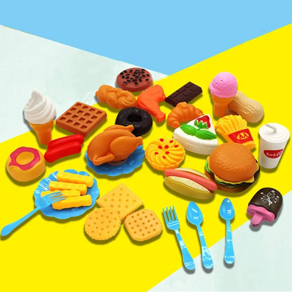 

Plastic Fast Food Playset Mini Hamburg French Fries Hot Dog Ice Cream Cola Food Pretend Play Toy for Kids with Basket