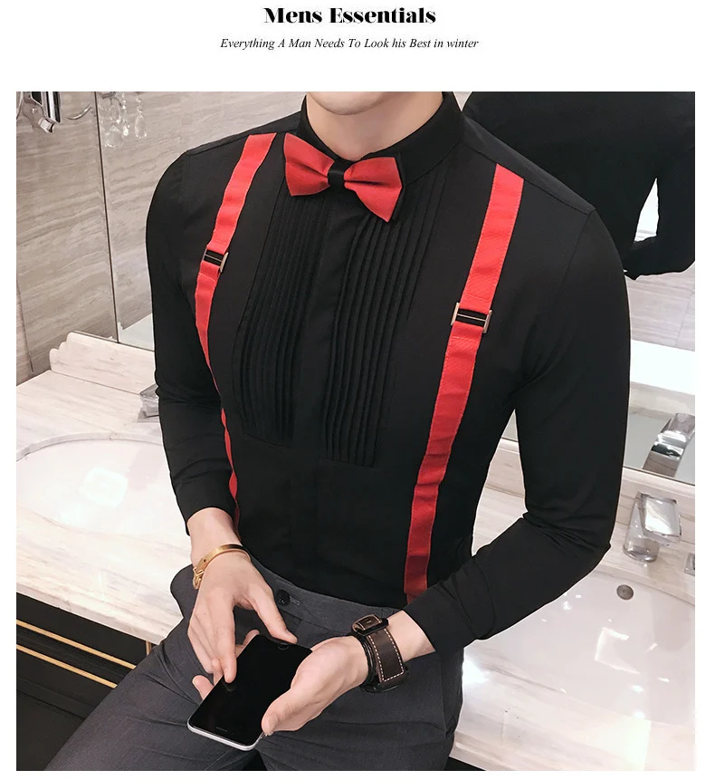 Галстук-бабочка, рубашка модные дизайнерские мужские рубашки Slim Fit черный, белый цвет Клубные вечерние платье для выступления на сцене Костюмы мужская одежда рубашка