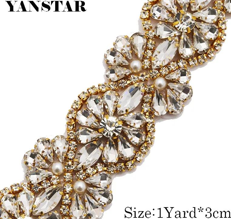 YANSTAR 3 см* 1 ярд лента из страз железо на свадебные платья Пояс носорог с бисером Кристалл на DIY свадебные пояса YS875 - Цвет: Gold