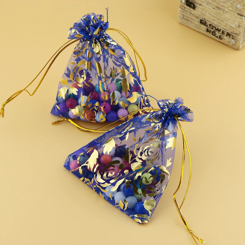 

20x30cm(7.87"x11.81")100pcs/lot Royal Blue Rose Brozning Organza Jewelry Gift Bags Organza Pouches Gift Bag Factory Candy Bags