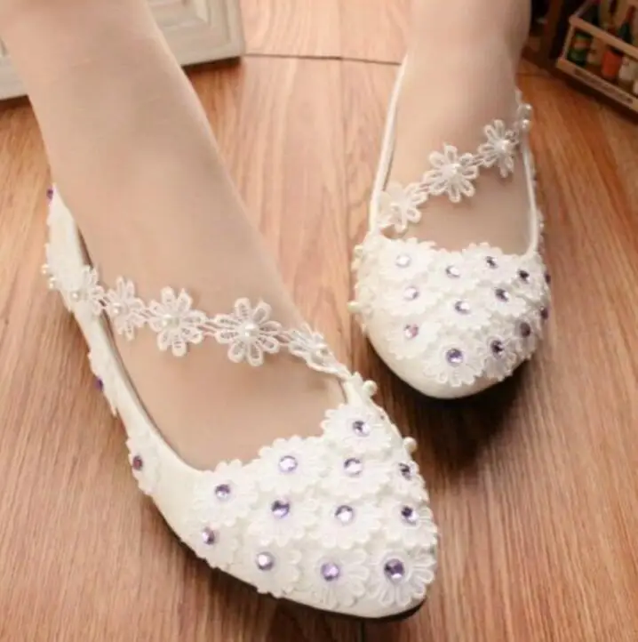 

Flats wedding shoes white lace silver rhinestones sweet handmade lace flower brides bridal bridesmaids wedding shoes