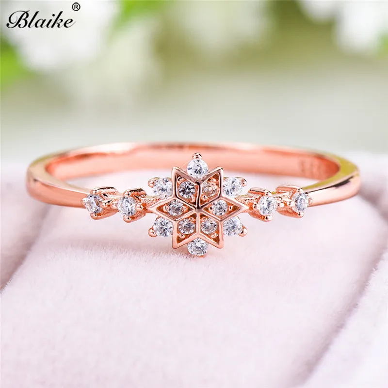 Rose Gold Ring Минималистичные кольца из стерлингового серебра s925 пробы для женщин, маленькое Хрустальное цветочное кольцо, штабелируемое циркониевое тонкое кольцо, снежинка, обручальные кольца - Цвет камня: Rose Gold Ring