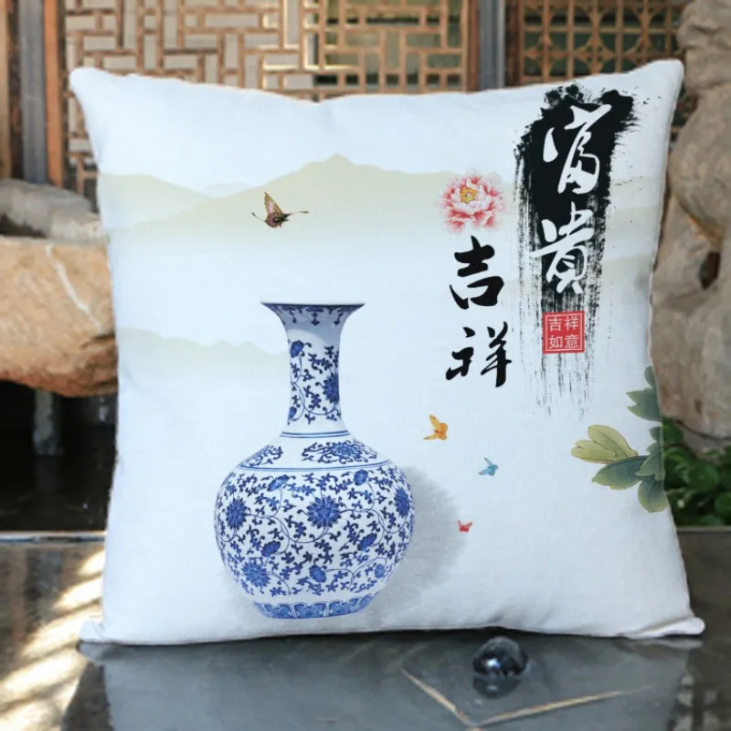 Китайские декоративные подушки для дивана наволочка из хлопка и льна сине белая