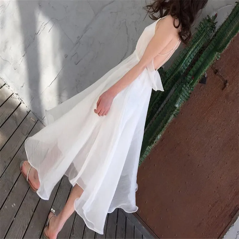 Женское пляжное платье с открытой спиной Goddess Seaside длинное блестящее на подтяжках