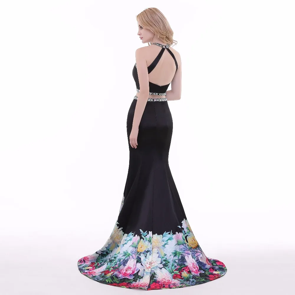 

2018 SexyCrystal o-neck BeadedTwo Piece Evening Dress Crystals Black Flower Woman Party Dresses Beaded Dresses Robe De Soiree